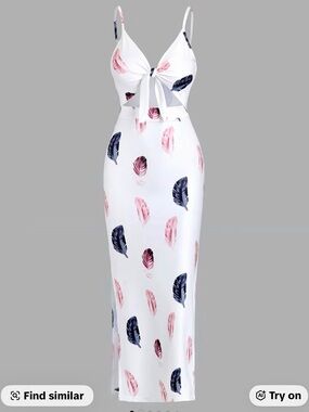 White Ribbed Maxi Dress with Pink and Black Feather Print